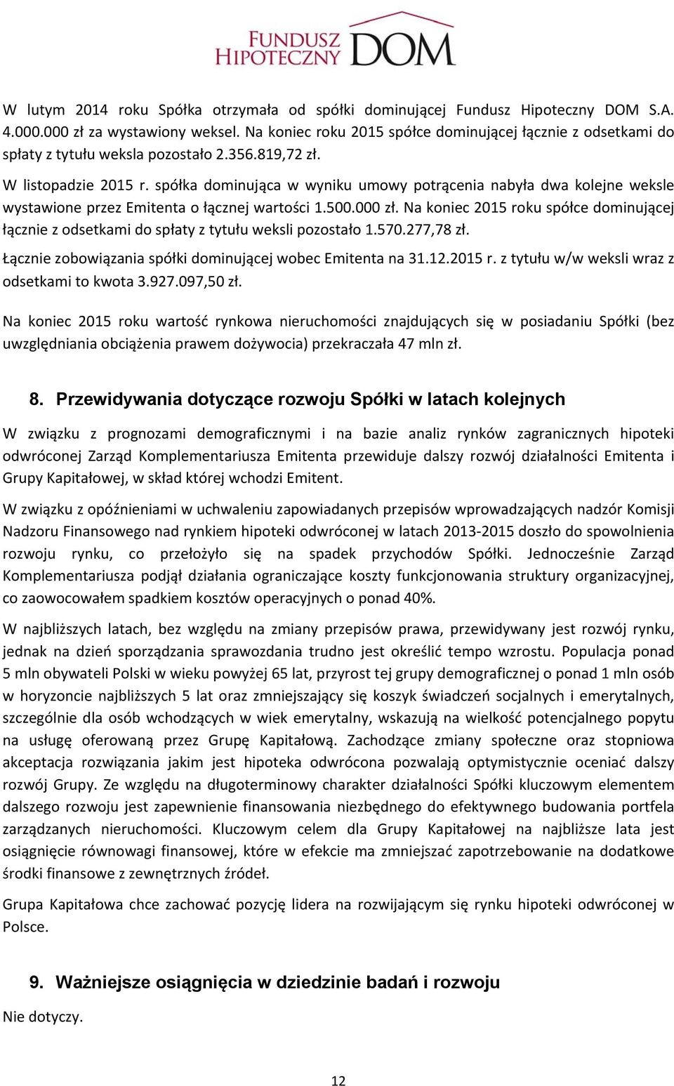spółka dominująca w wyniku umowy potrącenia nabyła dwa kolejne weksle wystawione przez Emitenta o łącznej wartości 1.500.000 zł.