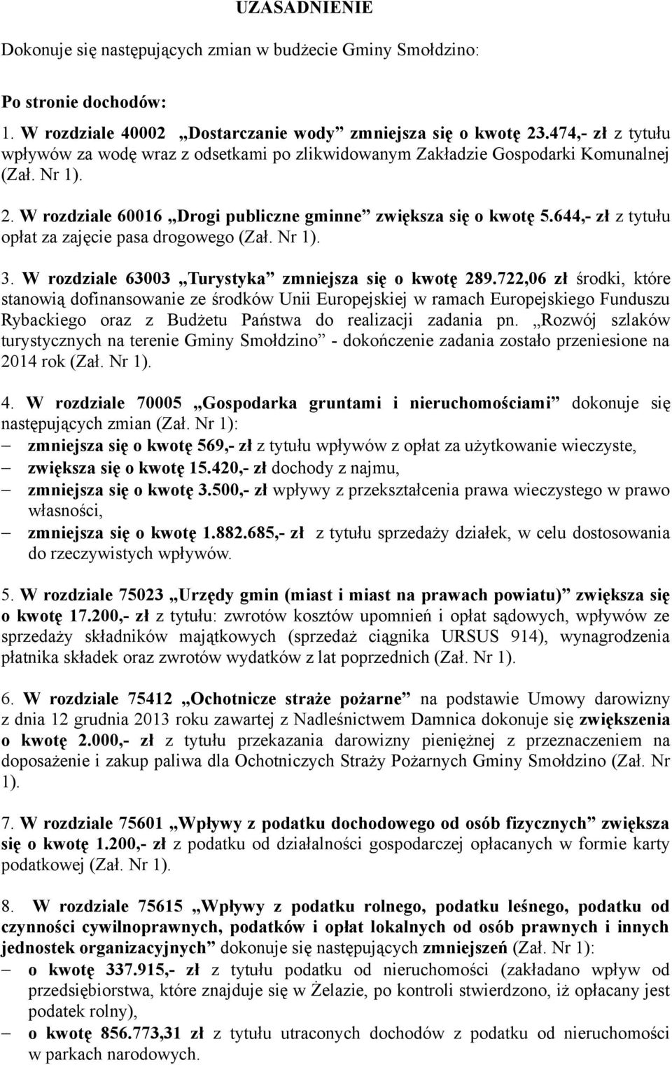 644,- zł z tytułu opłat za zajęcie pasa drogowego (Zał. Nr 1). 3. W rozdziale 63003 Turystyka zmniejsza się o kwotę 289.