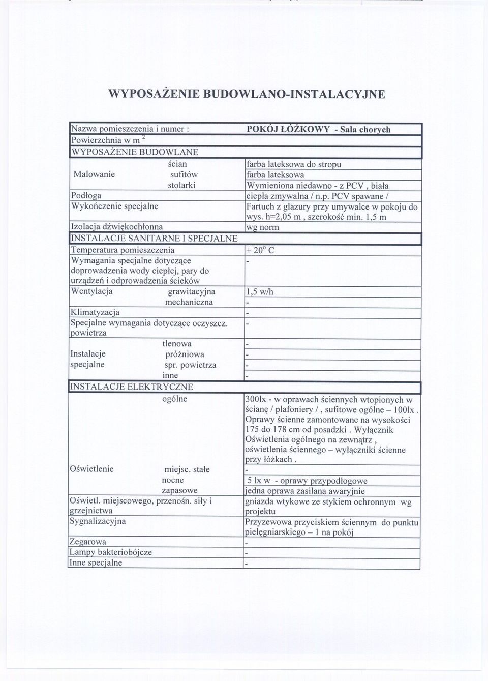 1,5 m zolacja dzwiekochlonna wg norm NSTALACJE SANTARNE SPECJALNE Temperatura pomieszczenia + 20 C Wymagania specjalne dotyczace - doprowadzeniawody cieplej,pary do urzadzen i odprowadzeniascieków