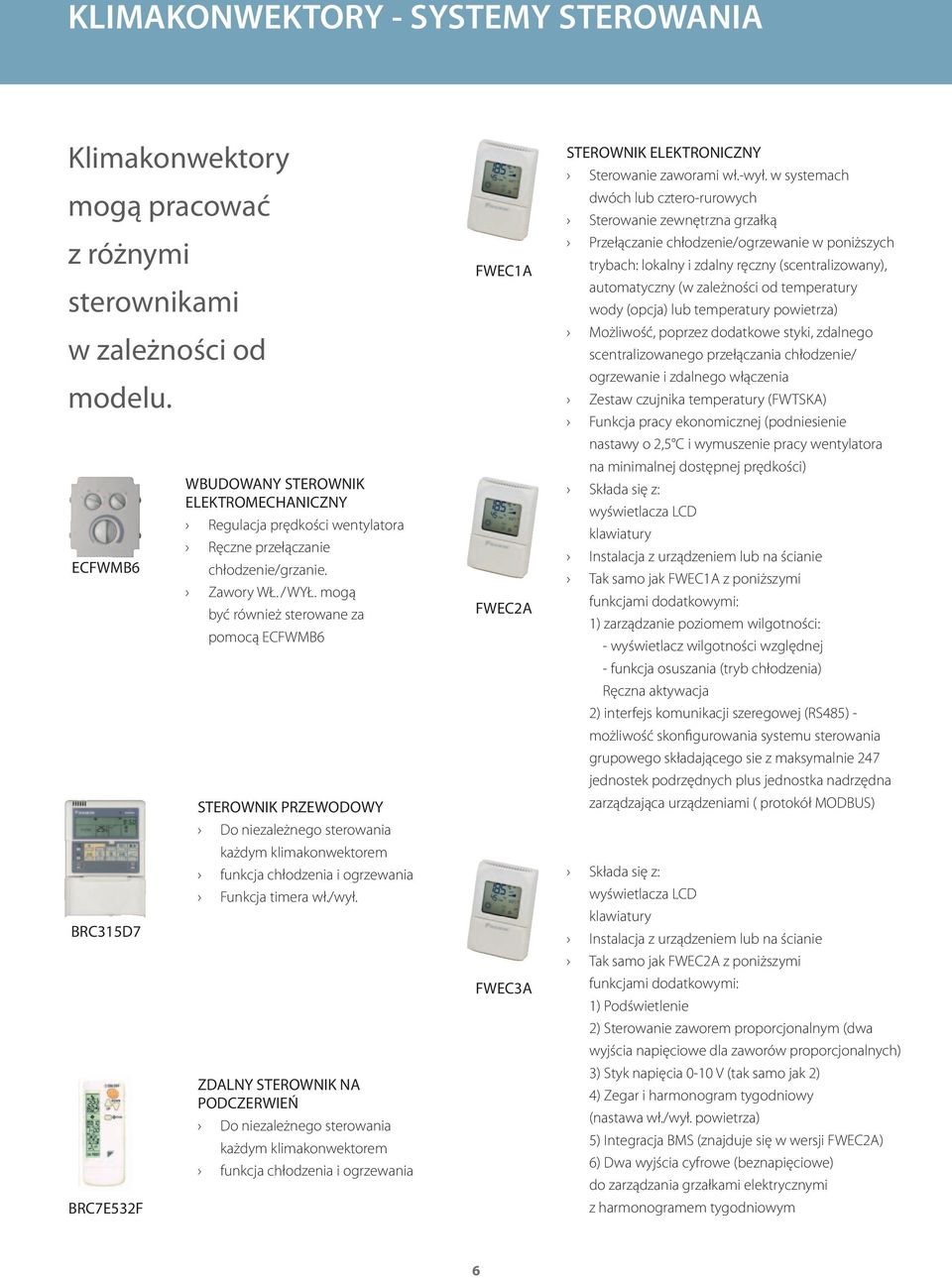 mogą być również sterowane za pomocą ECFWMB6 STEROWNIK PRZEWODOWY Do niezależnego sterowania każdym klimakonwektorem funkcja chłodzenia i ogrzewania Funkcja timera wł./wył.