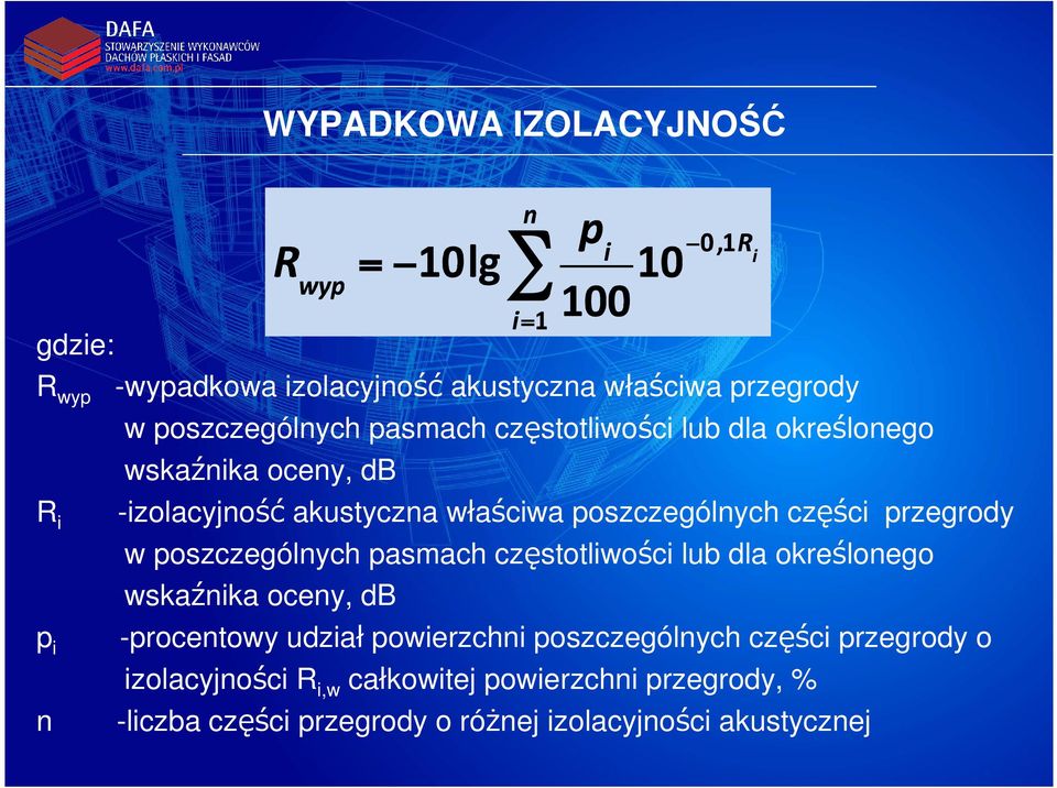 poszczególnych pasmach częstotliwości lub dla określonego wskaźnika oceny, db -procentowy udział powierzchni poszczególnych