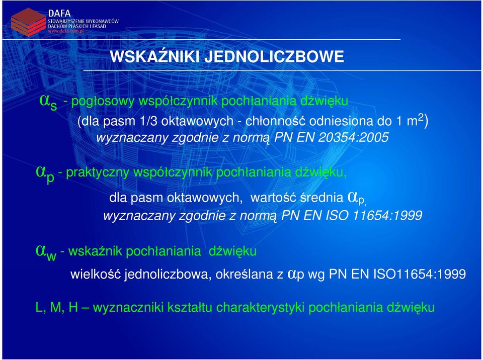 dla pasm oktawowych, wartośćśrednia α p, wyznaczany zgodnie z normą PN EN ISO 11654:1999 α w - wskaźnik pochłaniania