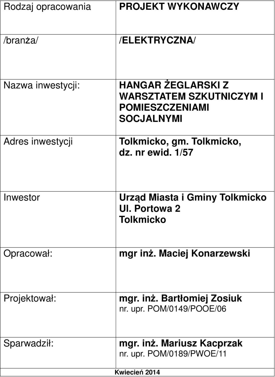 1/57 Inwestor Urząd Miasta i Gminy Tolkmicko Ul. Portowa 2 Tolkmicko Opracował: mgr inż.