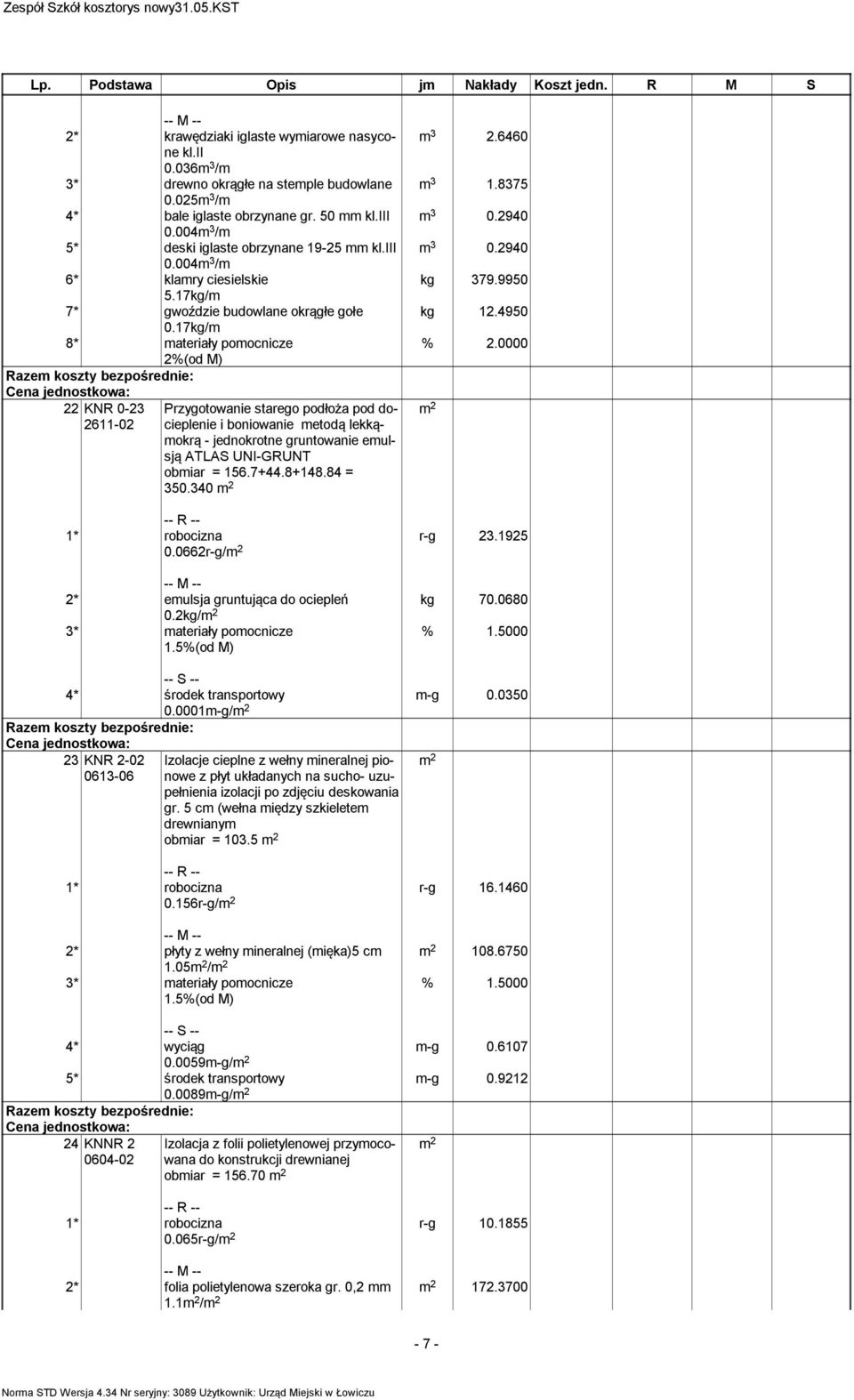 17kg/ 8* ateriały poocnicze 2%(od M) 22 KNR 0-23 Przygotowanie starego podłoża pod docieplenie i boniowanie etodą lekką- 2611-02 okrą - jednokrotne gruntowanie eulsją ATLAS UNI-GRUNT obiar = 156.7+44.