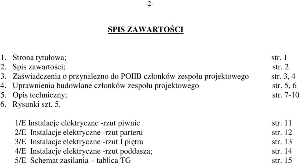 Uprawnienia budowlane członków zespołu projektowego str. 5, 6 5. Opis techniczny; str. 7-10 6. Rysunki szt. 5. 1/E Instalacje elektryczne -rzut piwnic str.