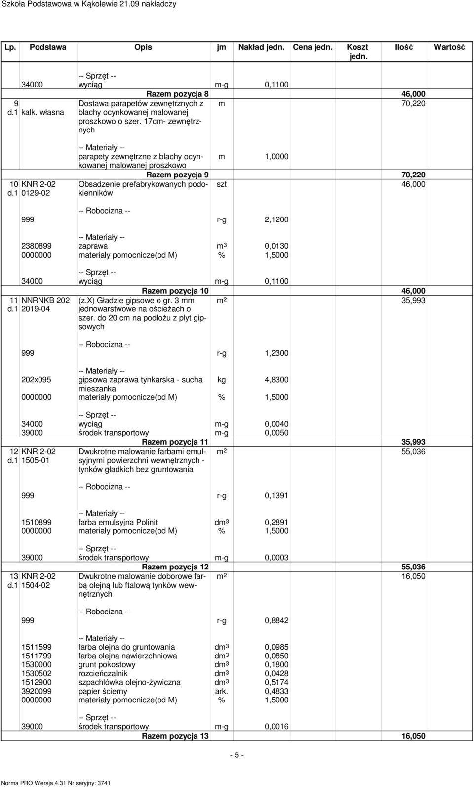 1 0129-02 parapety zewnętrzne z blachy ocynkowanej malowanej proszkowo Obsadzenie prefabrykowanych podokienników m 1,0000 Razem pozycja 9 70,220 szt 46,000 999 r-g 2,1200 2380899 zaprawa m 3 0,0130