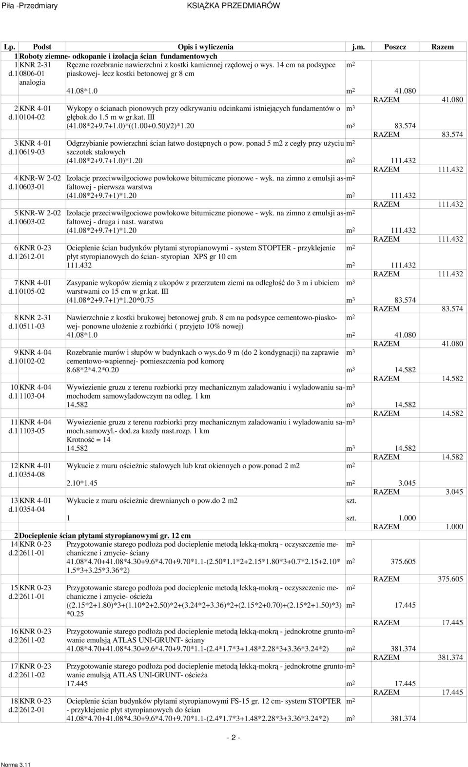 080 2 KNR 4-01 Wykopy o ścianach pionowych przy odkrywaniu odcinkami istniejących fundamentów o m 3 d.1 0104-02 głębok.do 1.5 m w gr.kat. III (41.08*2+9.7+1.0)*((1.00+0.50)/2)*1.20 m 3 83.