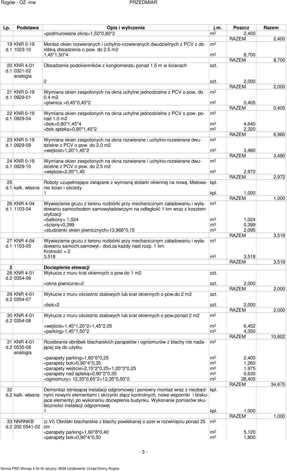 2,000 RAZEM 2,000 21 KNR 0-19 Wymiana okien zespolonych na okna uchylne jednodzielne z PCV o pow. do d.1 0929-01 0.