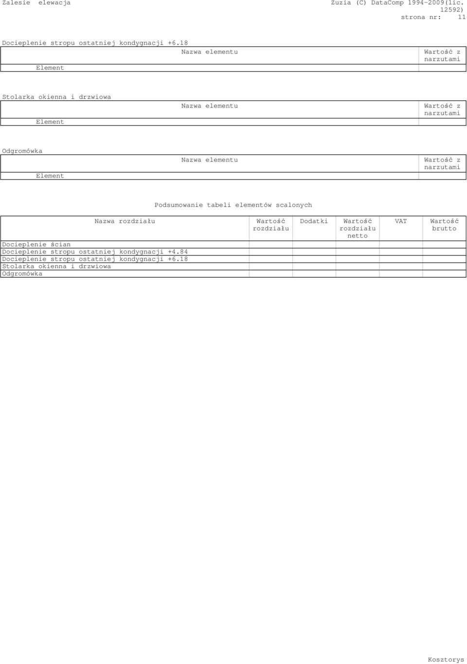 Element Nazwa elementu Wartość z narzutami Podsumowanie tabeli elementów scalonych Nazwa rozdziału Docieplenie ścian Docieplenie