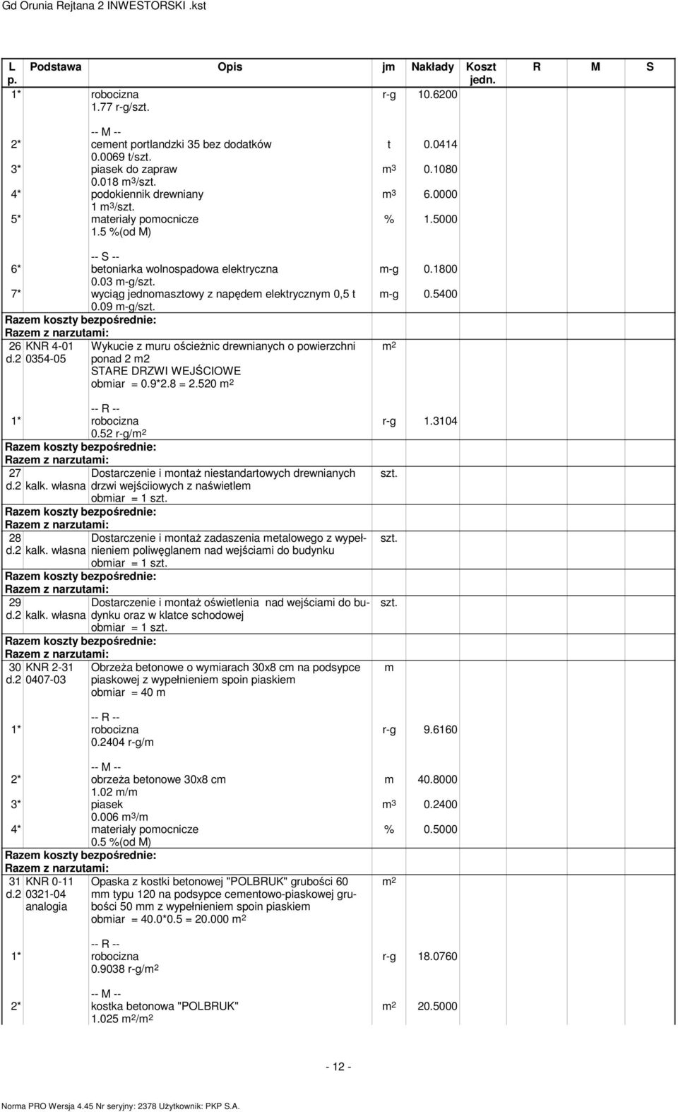 2 0354-05 Wykucie z uru ościeżnic drewnianych o powierzchni ponad 2 2 STARE DRZWI WEJŚCIOWE obiar = 0.9*2.8 = 2.520 t 0.0414 3 0.1080 3 6.0000 -g 0.1800 -g 0.5400 r-g 1.3104 0.52 r-g/ 27 d.2 kalk.