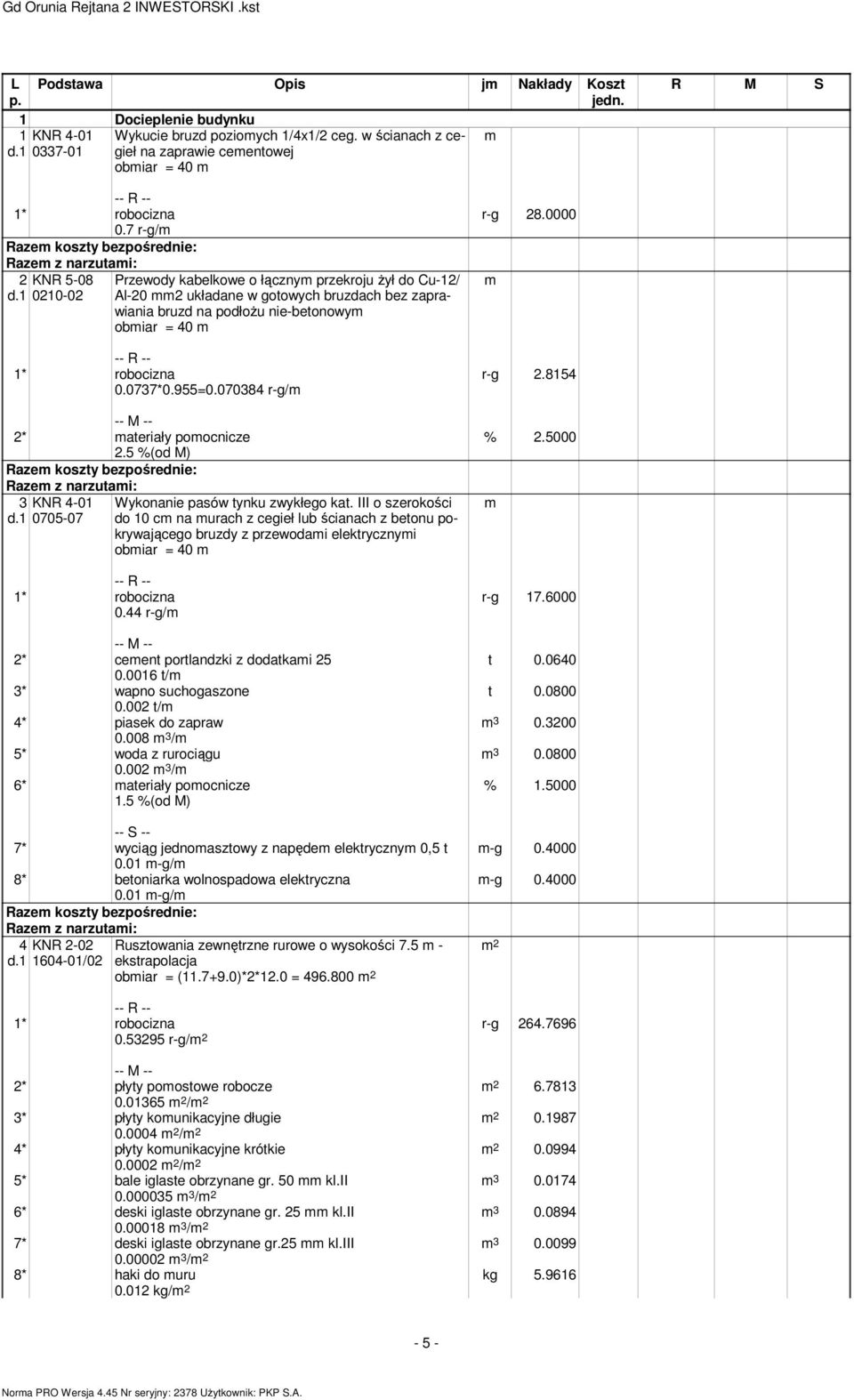 070384 r-g/ 2* ateriały poocnicze 2.5 %(od M) 3 0705-07 0.44 r-g/ Wykonanie pasów tynku zwykłego kat.