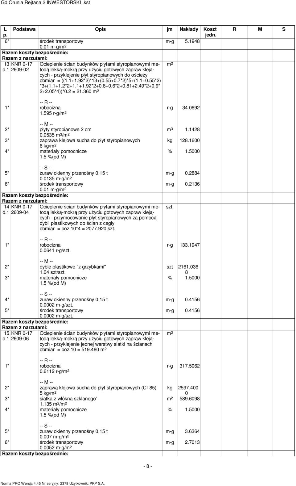 92*2)*13+(0.55+0.7*2)*5+(1.1+0.55*2) *3+(1.1+1.2*2+1.1+1.92*2+0.8+0.6*2+0.81+2.49*2+0.9* 2+2.05*4))*0.2 = 21.360 1.595 r-g/ r-g 34.0692 3 1.1428 kg 128.1600 2* płyty styropianowe 2 c 0.