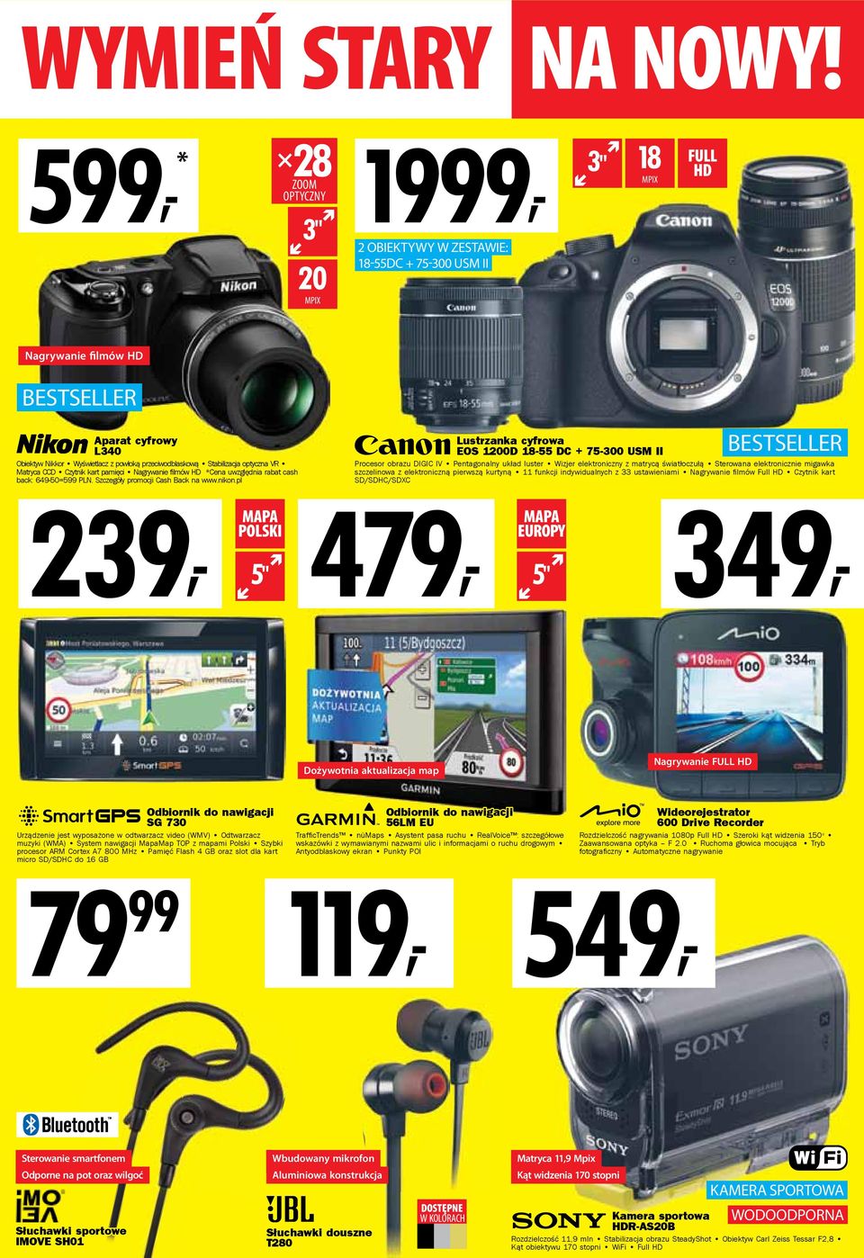 przeciwodblaskową Stabilizacja optyczna VR Matryca CCD Czytnik kart pamięci Nagrywanie filmów HD *Cena uwzględnia rabat cash back: 649-50=599 PLN. Szczegóły promocji Cash Back na www.nikon.
