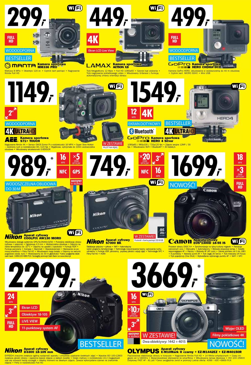 poklatkowego video Wbudowany G-Sensor z funkcją automatycznej zmiany orientacji obrazu EKRAN DOTYKOWY FULL HD 1549, 12 MPIX 4K WODOODPORNA BESTSELLER Kamera sportowa HERO CHDHA-301 Kamera GoPro HERO,