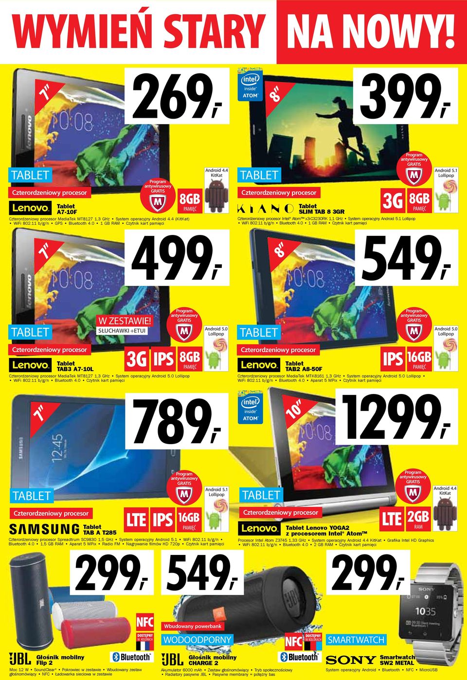 4 KitKat TABLET 8 Czterordzeniowy procesor 3G 8GB Tablet PAMIĘĆ SLIM TAB 8 3GR Czterordzeniowy procesor Intel Atom x3-c3230rk 1,1 GHz System operacyjny Android 5.1 Lollipop WiFi 802.