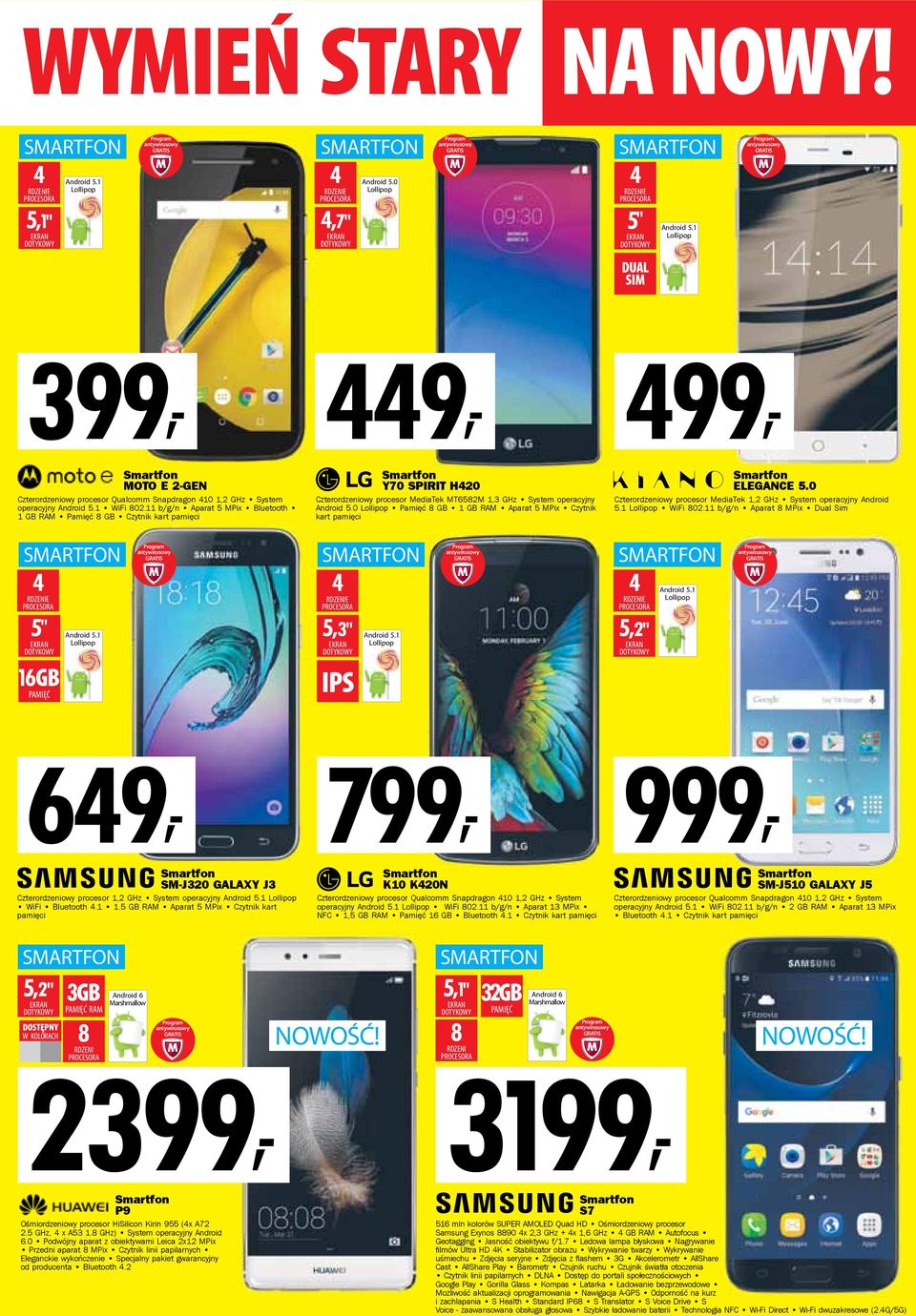 1 Lollipop DUAL SIM 399, 449, 499, Smartfon MOTO E 2-GEN Czterordzeniowy procesor Qualcomm Snapdragon 410 1,2 GHz System operacyjny Android 5.1 WiFi 802.