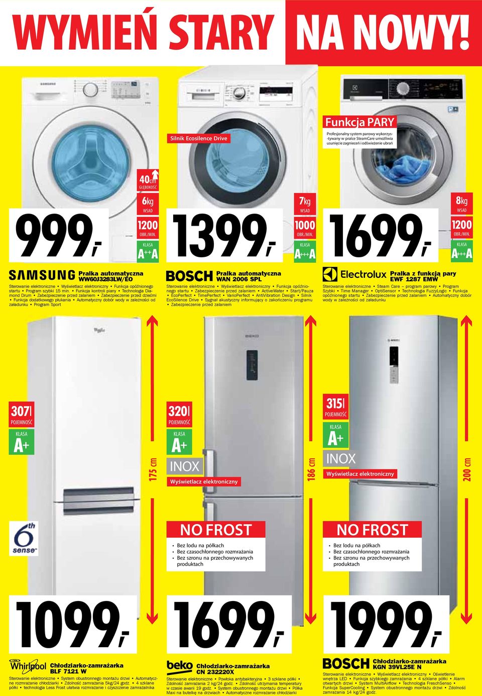 A ++ A 1399, 7kg WSAD 1000 OBR./MIN. A +++ A 1699, 8kg WSAD 1200 OBR./MIN. A +++ A Pralka automatyczna WW60J3283LW/EO Sterowanie elektroniczne Wyświetlacz elektroniczny Funkcja opóźnionego startu szybki 15 min.