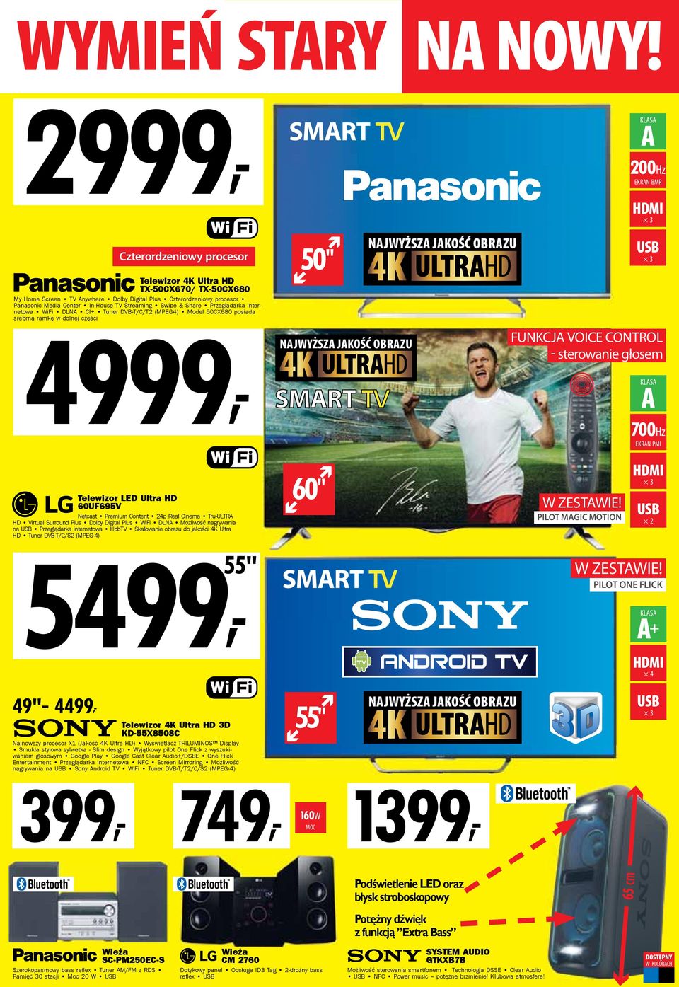 Share Przeglądarka internetowa WiFi DLNA CI+ Tuner DVB-T/C/T2 (MPEG4) Model 50CX680 posiada srebrną 4999, ramkę w dolnej części 50" A 200Hz EKRAN BMR 3 3 FUNKCJA VOICE CONTROL - sterowanie głosem A