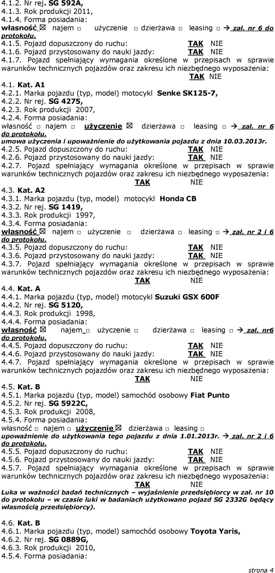 nr 6 do protokołu. umowa użyczenia i upoważnienie do użytkowania pojazdu z dnia 10.03.2013r. 4.2.5. Pojazd dopuszczony do ruchu: 4.2.6. Pojazd przystosowany do nauki jazdy: 4.2.7.