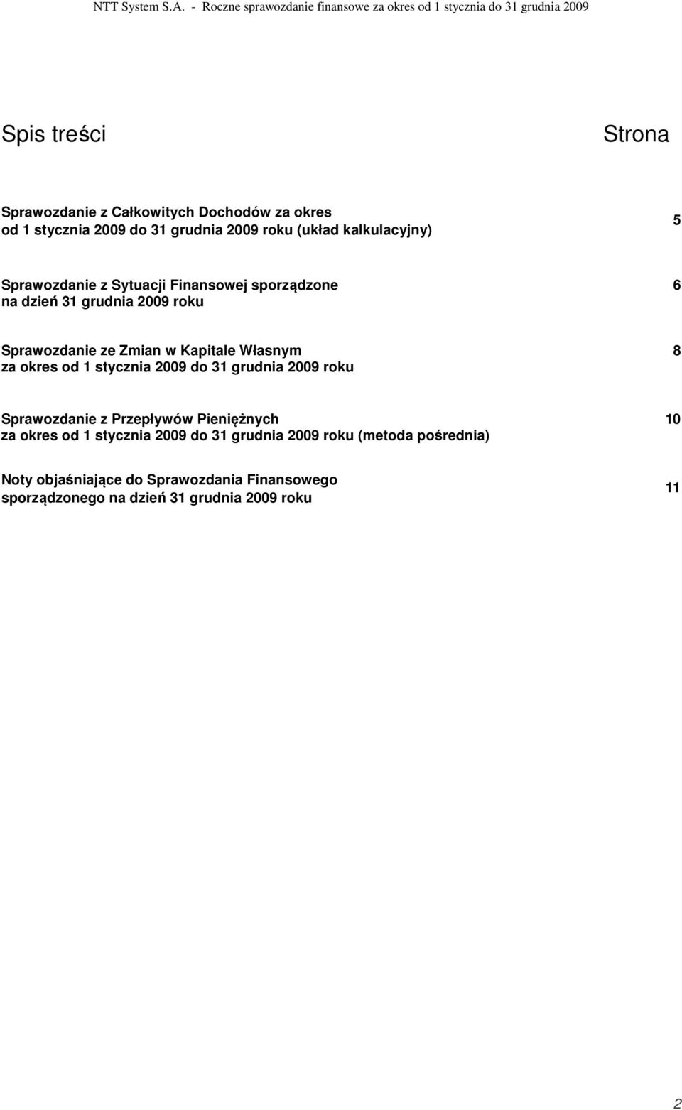 stycznia 2009 do 31 grudnia 2009 roku (układ kalkulacyjny) 5 Sprawozdanie z Sytuacji Finansowej sporządzone na dzień 31 grudnia 2009 roku 6