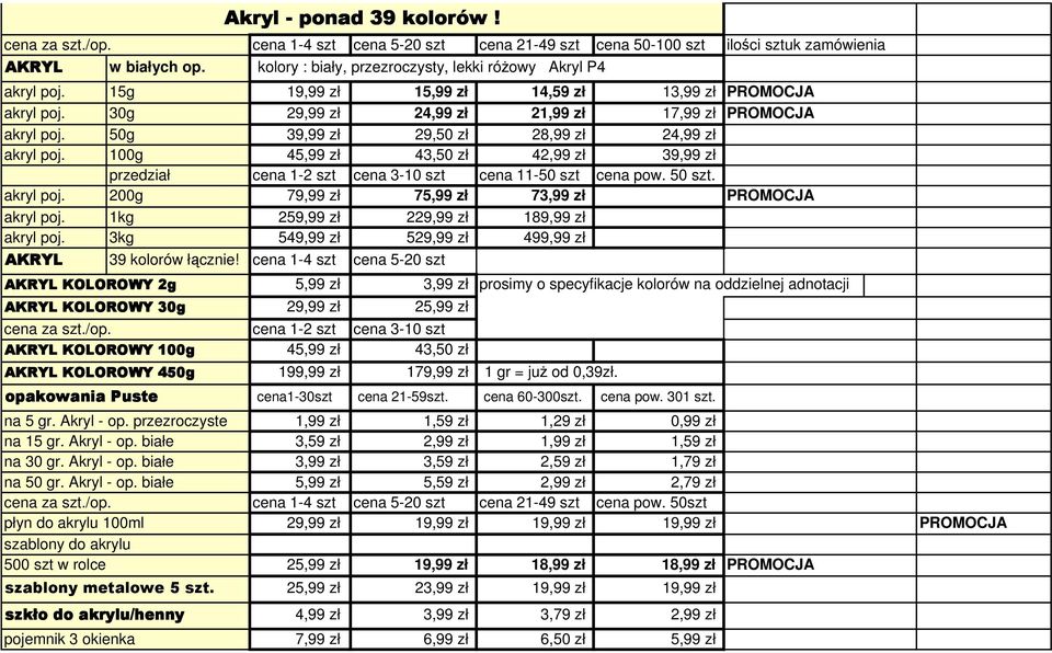 50g 39,99 zł 29,50 zł 28,99 zł 24,99 zł akryl poj. 100g 45,99 zł 43,50 zł 42,99 zł 39,99 zł przedział cena 1-2 szt cena 3-10 szt cena 11-50 szt cena pow. 50 szt. akryl poj. 200g 79,99 zł 75,99 zł 73,99 zł akryl poj.