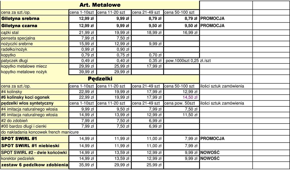srebrne 15,99 zł 12,99 zł 9,99 zł radełko/nożyk 0,99 zł 0,90 zł kopytko 0,79 zł 0,75 zł 0,70 zł patyczek długi 0,49 zł 0,40 zł 0,35 zł pow.1000szt 0,25 zł.