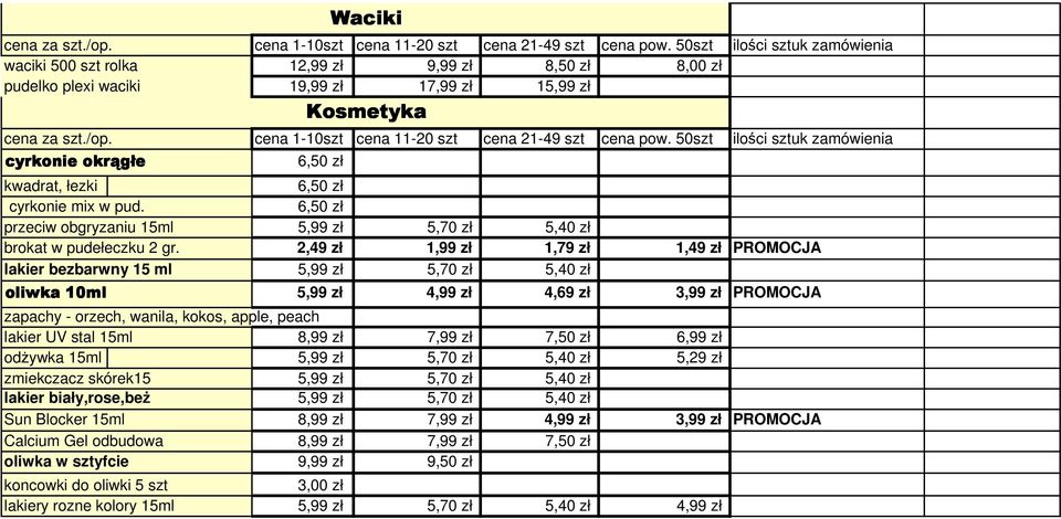 cena 1-10szt cena 11-20 szt cena 21-49 szt cena pow. 50szt ilości sztuk zamówienia cyrkonie okrągłe 6,50 zł kwadrat, łezki 6,50 zł cyrkonie mix w pud.