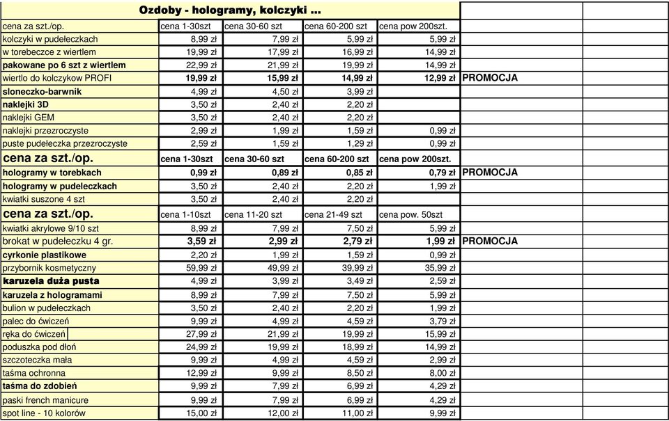 kolczykow PROFI 19,99 zł 15,99 zł 14,99 zł 12,99 zł sloneczko-barwnik 4,99 zł 4,50 zł 3,99 zł naklejki 3D 3,50 zł 2,40 zł 2,20 zł naklejki GEM 3,50 zł 2,40 zł 2,20 zł naklejki przezroczyste 2,99 zł