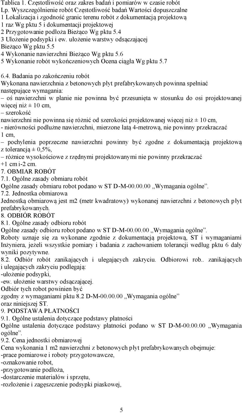 podłoża Bieżąco Wg pktu 5.4 3 Ułożenie podsypki i ew. ułożenie warstwy odsączającej Bieżąco Wg pktu 5.5 4 Wykonanie nawierzchni Bieżąco Wg pktu 5.