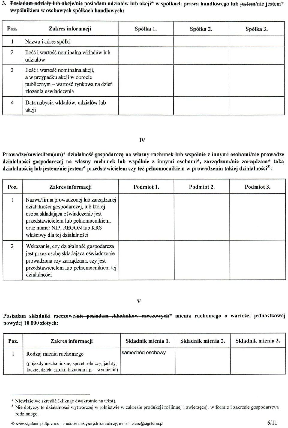 1 Nazwa i adres spółki 2 Ilość i wartość nominaba wkładów lub udziałów 3 Ilość i wartość nominalna akcji, a w przypadku akcji w obrocie publicznym - wartość rynkowa na dzień złożenia oświadczenia 4