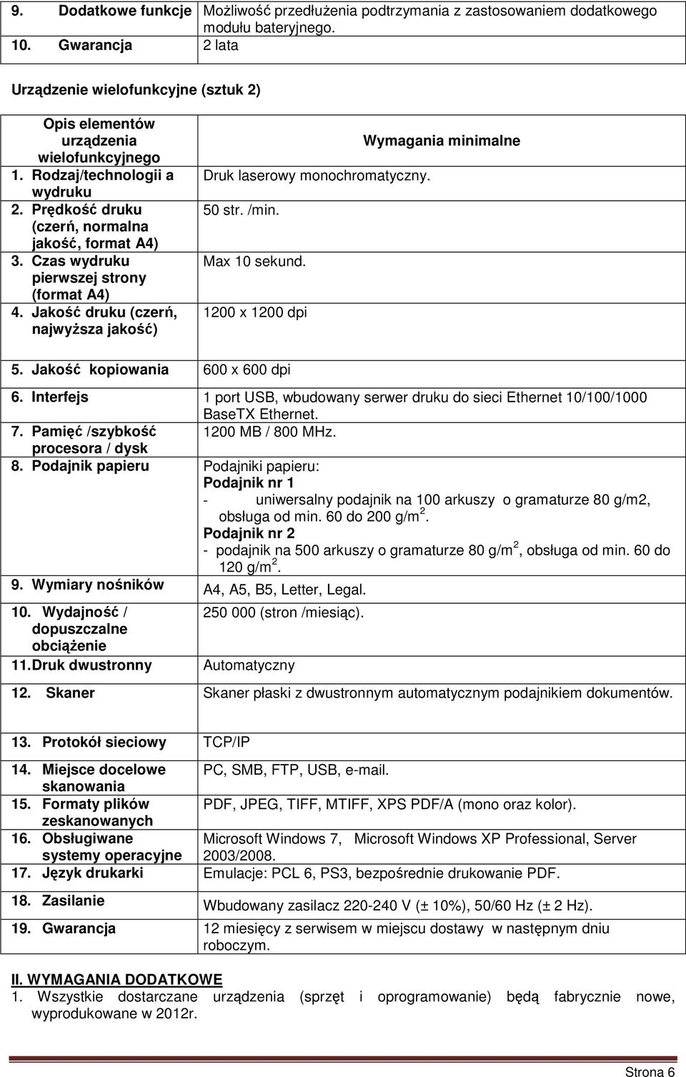 Czas wydruku pierwszej strony (format A4) 4. Jakość druku (czerń, najwyŝsza jakość) Druk laserowy monochromatyczny. 50 str. /min. Max 10 sekund. 1200 x 1200 dpi 5. Jakość kopiowania 600 x 600 dpi 6.