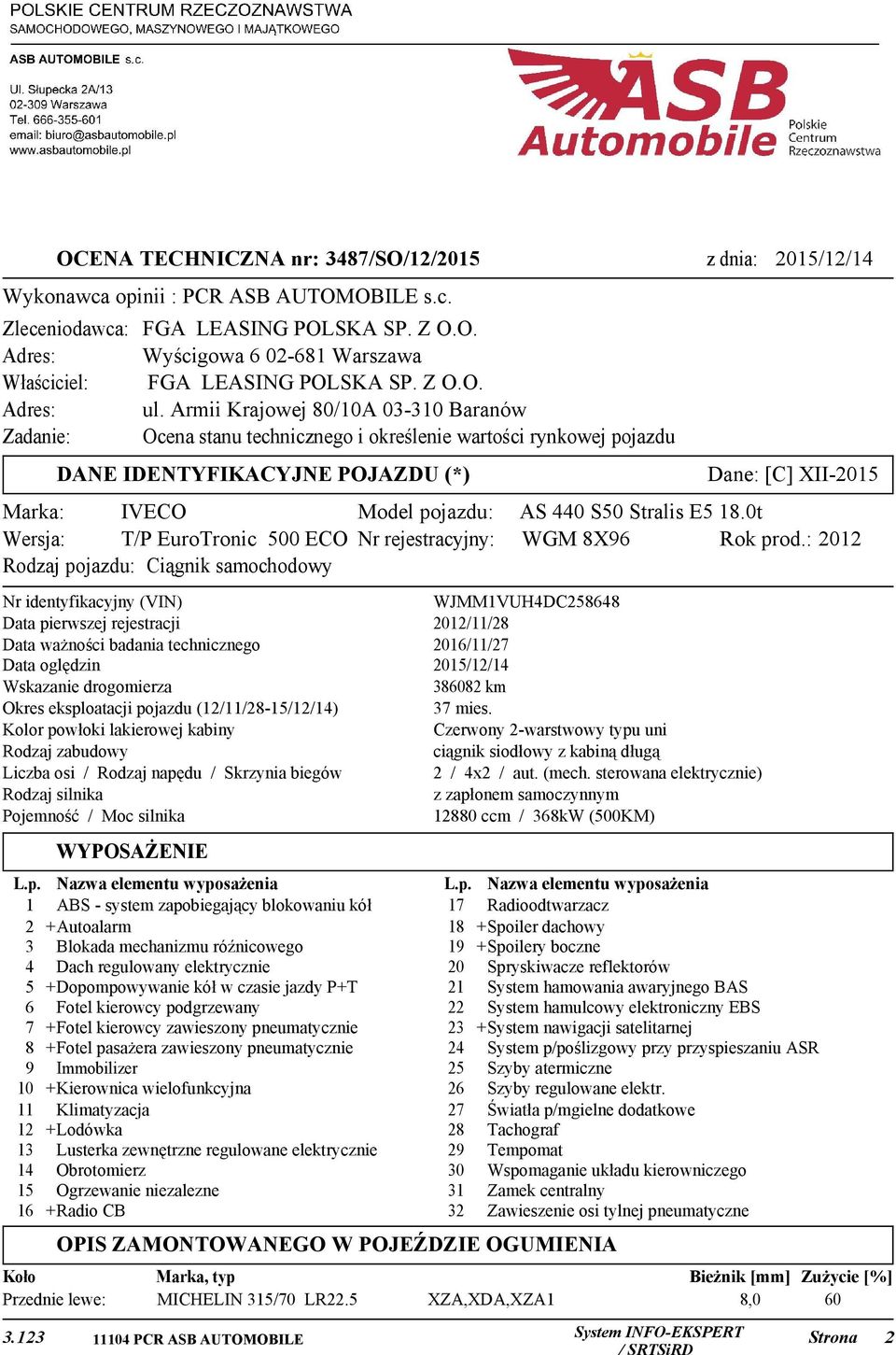 Armii Krajowej 80/10A 03-310 Baranów Zadanie: Ocena stanu technicznego i określenie wartości rynkowej pojazdu DANE IDENTYFIKACYJNE POJAZDU (*) Marka: IVECO Model pojazdu: Wersja: T/P EuroTronic 500