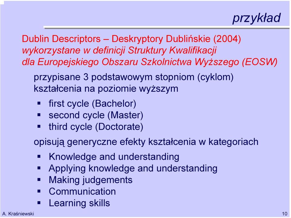 Europejskiego Obszaru Szkolnictwa Wyższego (EOSW) przypisane 3 podstawowym stopniom (cyklom) kształcenia na poziomie