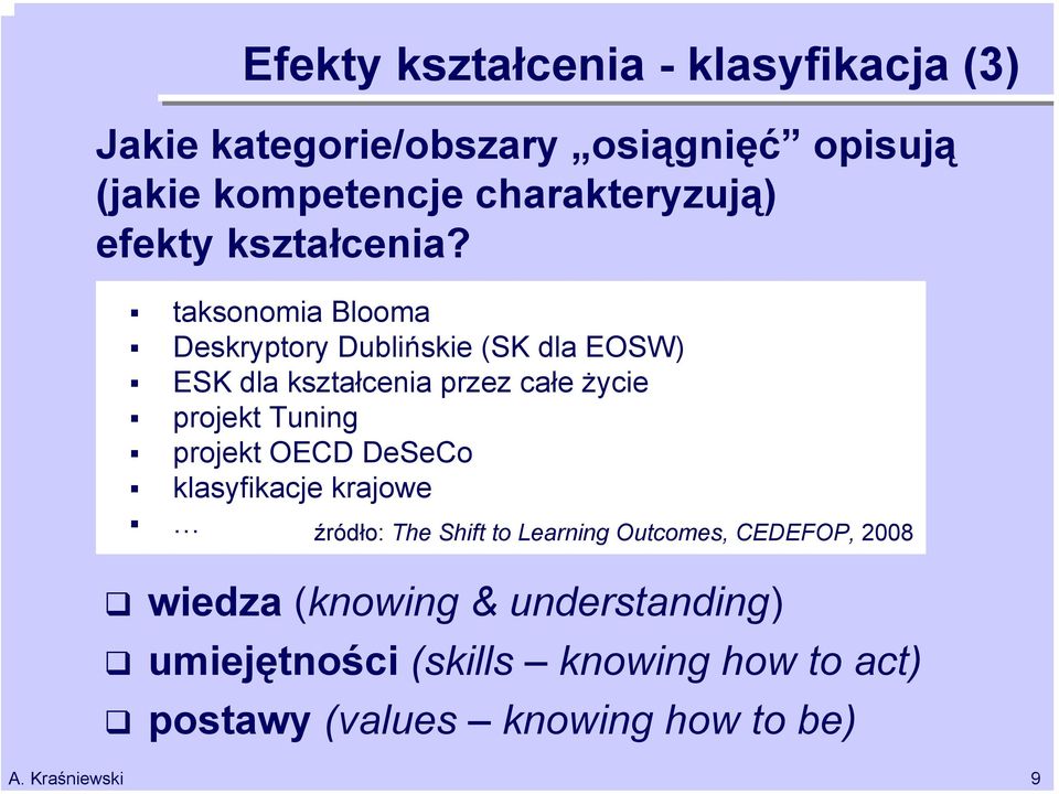 taksonomia Blooma Deskryptory Dublińskie (SK dla EOSW) ESK dla kształcenia przez całe życie projekt Tuning projekt