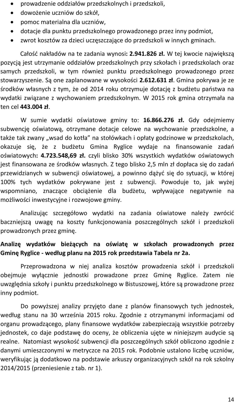 W tej kwocie największą pozycją jest utrzymanie oddziałów przedszkolnych przy szkołach i przedszkolach oraz samych przedszkoli, w tym również punktu przedszkolnego prowadzonego przez stowarzyszenie.