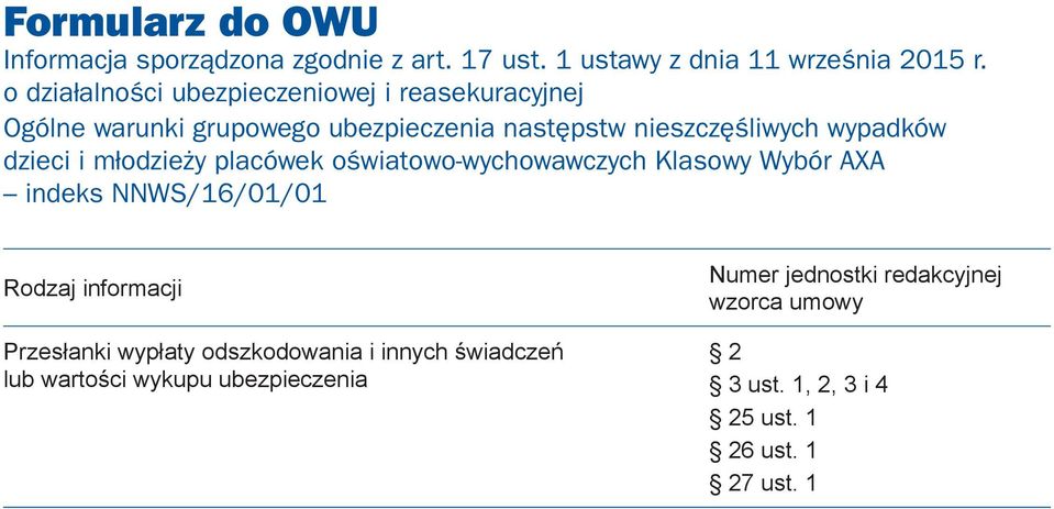 dzieci i młodzieży placówek oświatowo-wychowawczych Klasowy Wybór AXA indeks NNWS/16/01/01 Rodzaj informacji Przesłanki wypłaty