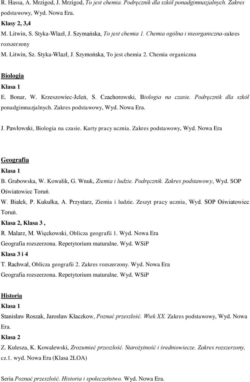 Czachorowski, Biologia na czasie. Podręcznik dla szkół ponadgimnazjalnych. Zakres podstawowy, Wyd. Nowa Era. J. Pawłowski, Biologia na czasie. Karty pracy ucznia. Zakres podstawowy, Wyd. Nowa Era Geografia B.