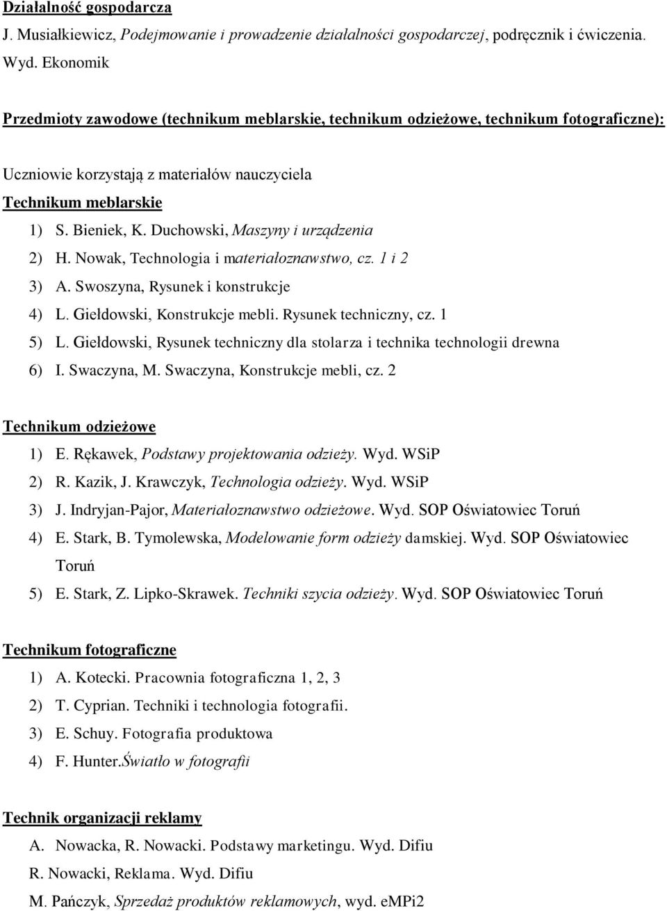 Duchowski, Maszyny i urządzenia 2) H. Nowak, Technologia i materiałoznawstwo, cz. 1 i 2 3) A. Swoszyna, Rysunek i konstrukcje 4) L. Giełdowski, Konstrukcje mebli. Rysunek techniczny, cz. 1 5) L.