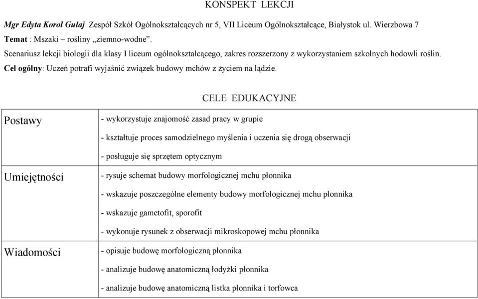 Cel ogólny: Uczeń potrafi wyjaśnić związek budowy mchów z życiem na lądzie.