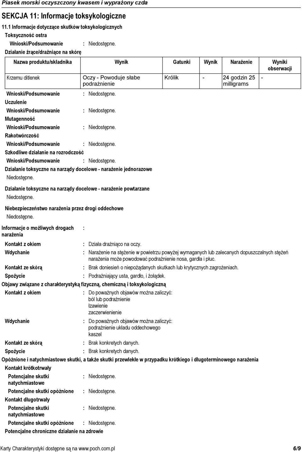Krzemu ditlenek Mutagenność Wnioski/Podsumowanie Rakotwórczość Wnioski/Podsumowanie Szkodliwe działanie na rozrodczość Wnioski/Podsumowanie Kontakt z okiem Wdychanie Narażenie na stężenie w powietrzu