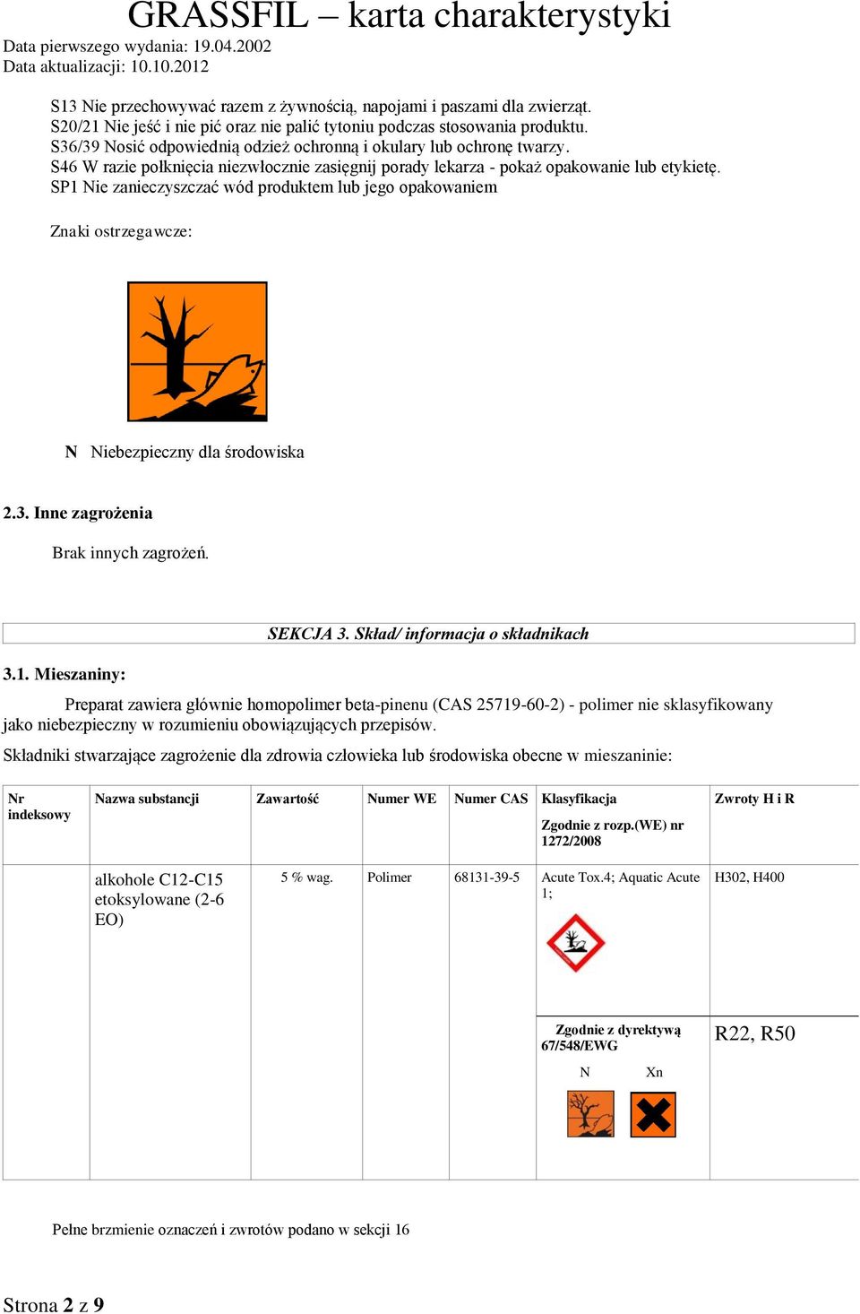 SP1 Nie zanieczyszczać wód produktem lub jego opakowaniem Znaki ostrzegawcze: N Niebezpieczny dla środowiska 2.3. Inne zagrożenia Brak innych zagrożeń. 3.1. Mieszaniny: SEKCJA 3.