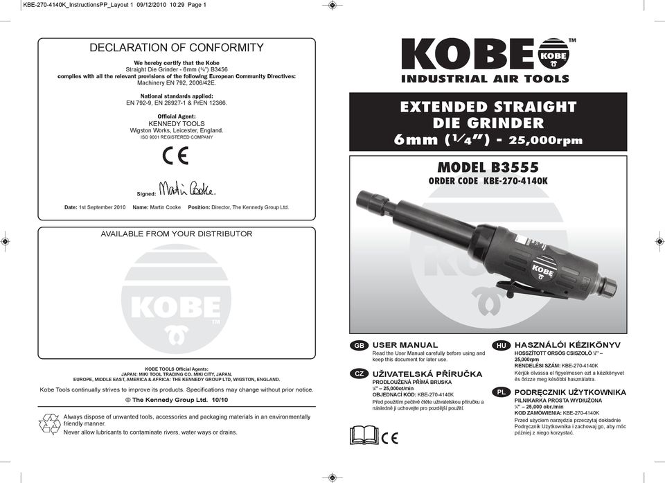Official Agent: KENNEDY TOOLS Wigston Works, Leicester, England.