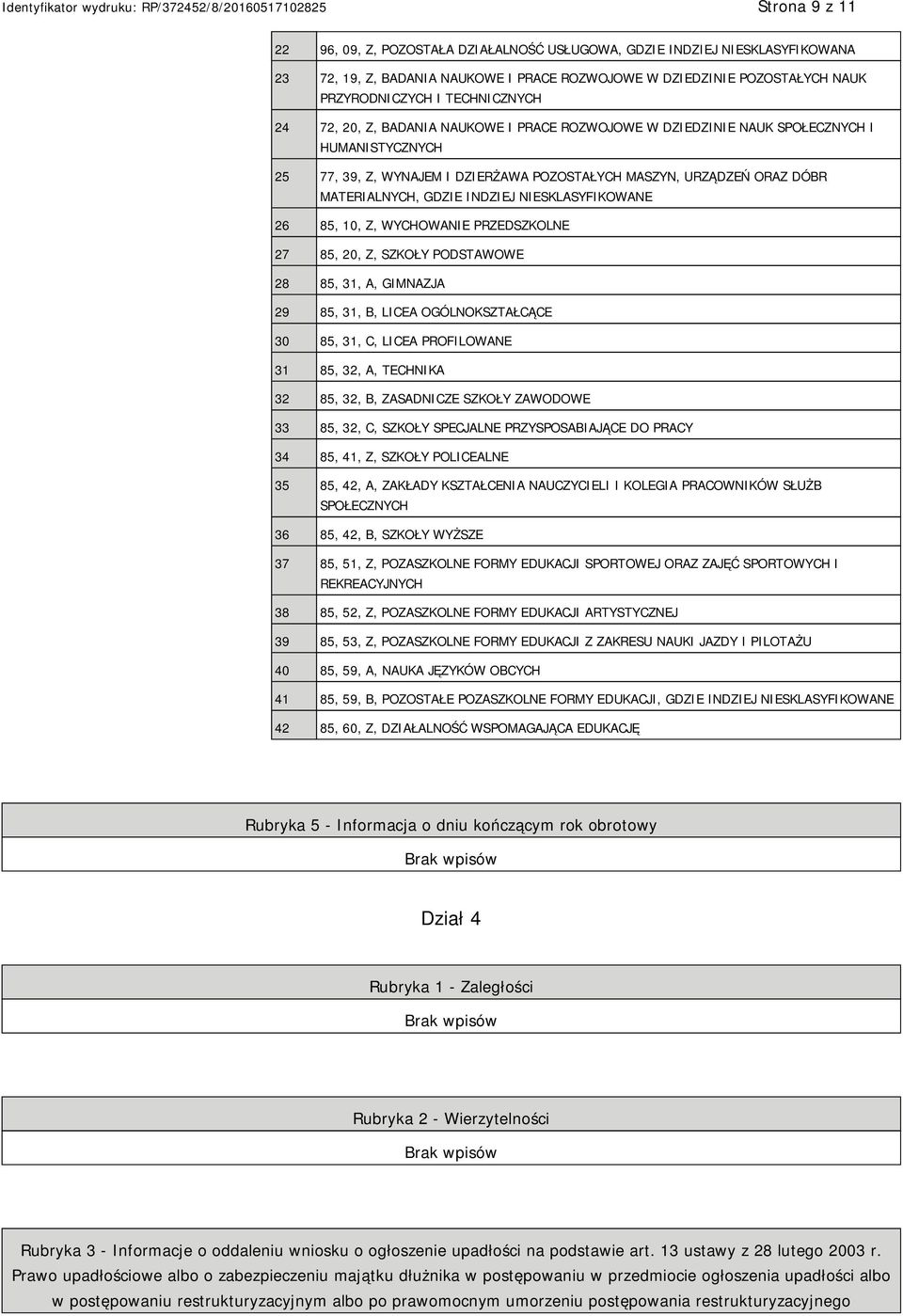 SKLASYFIKOWANE 26 85, 10, Z, WYCHOWA PRZEDSZKOLNE 27 85, 20, Z, SZKOŁY PODSTAWOWE 28 85, 31, A, GIMNAZJA 29 85, 31, B, LICEA OGÓLNOKSZTAŁCĄCE 30 85, 31, C, LICEA PROFILOWANE 31 85, 32, A, TECHNIKA 32