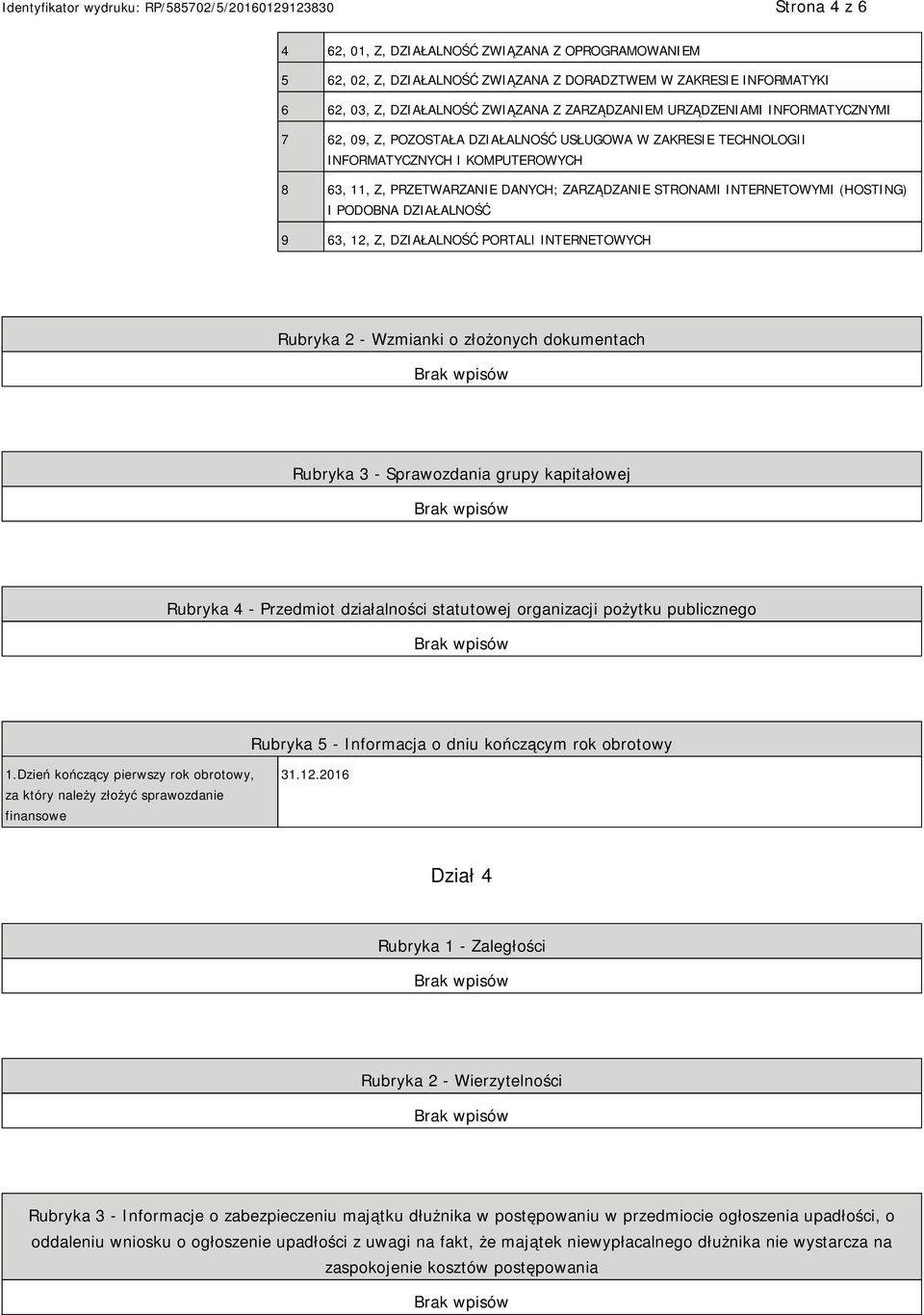 PODOBNA DZIAŁALNOŚĆ 9 63, 12, Z, DZIAŁALNOŚĆ PORTALI INTERNETOWYCH Rubryka 2 - Wzmianki o złożonych dokumentach Rubryka 3 - Sprawozdania grupy kapitałowej Rubryka 4 - Przedmiot działalności