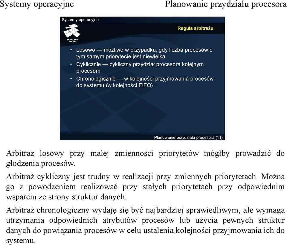 Arbitraż cykliczny jest trudny w realizacji przy zmiennych priorytetach. Można go z powodzeniem realizować przy stałych priorytetach przy odpowiednim wsparciu ze strony struktur danych.