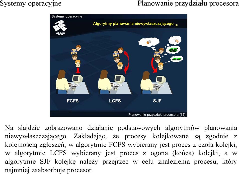 Zakładając, że procesy kolejkowane są zgodnie z kolejnością zgłoszeń, w algorytmie FCFS wybierany jest proces z