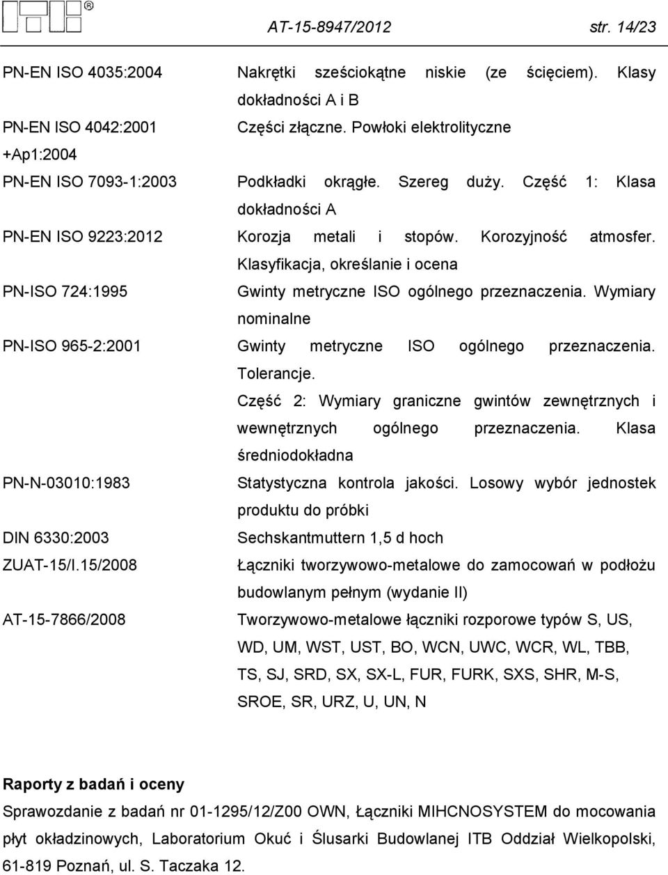 Klasyfikacja, określanie i ocena PN-ISO 724:1995 Gwinty metryczne ISO ogólnego przeznaczenia. Wymiary nominalne PN-ISO 965-2:2001 Gwinty metryczne ISO ogólnego przeznaczenia. Tolerancje.