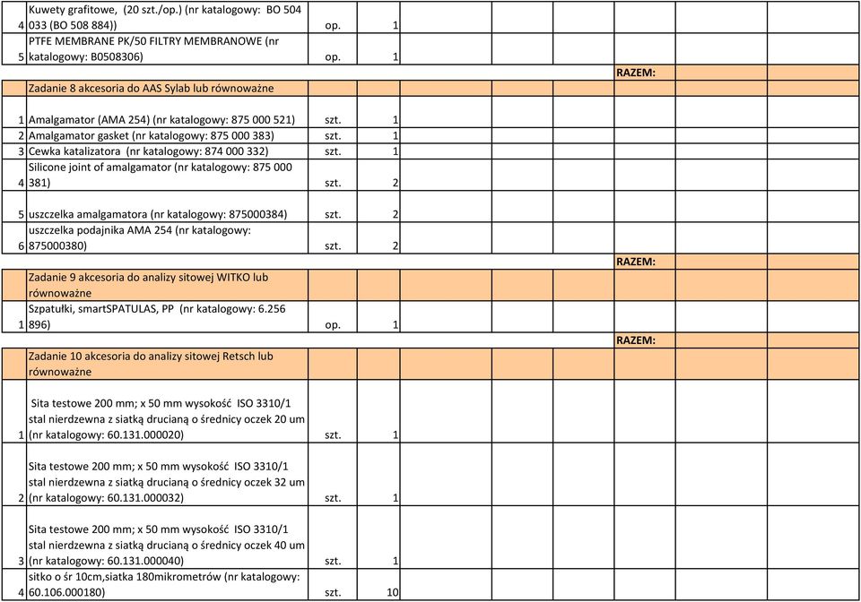 1 3 Cewka katalizatora (nr katalogowy: 874000332) szt. 1 Silicone joint of amalgamator (nr katalogowy: 875000 4 381) szt. 2 5 uszczelka amalgamatora (nr katalogowy: 875000384) szt.