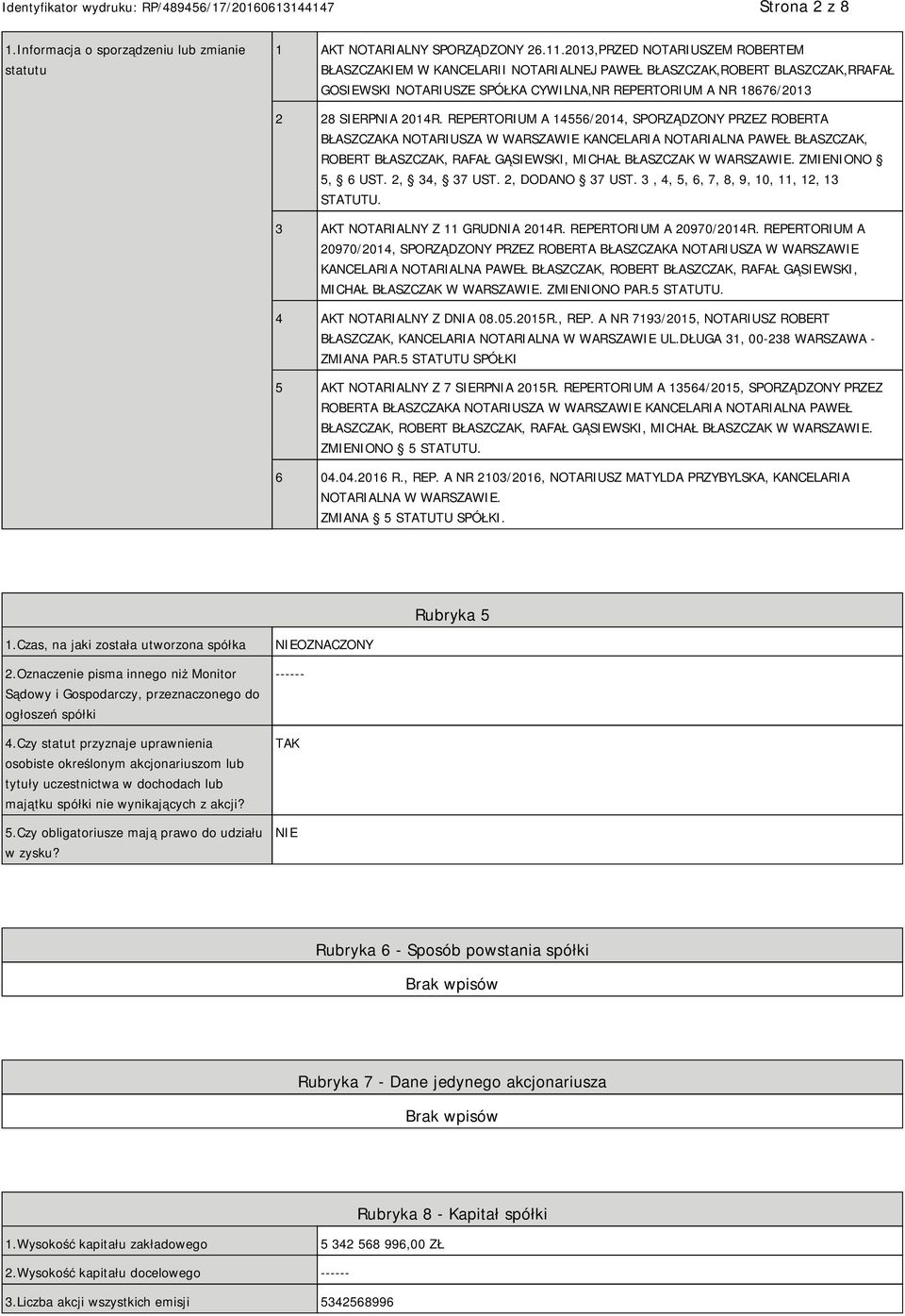 REPERTORIUM A 14556/2014, SPORZĄDZONY PRZEZ ROBERTA BŁASZCZAKA NOTARIUSZA W WARSZAWIE KANCELARIA NOTARIALNA PAWEŁ BŁASZCZAK, ROBERT BŁASZCZAK, RAFAŁ GĄSIEWSKI, MICHAŁ BŁASZCZAK W WARSZAWIE.