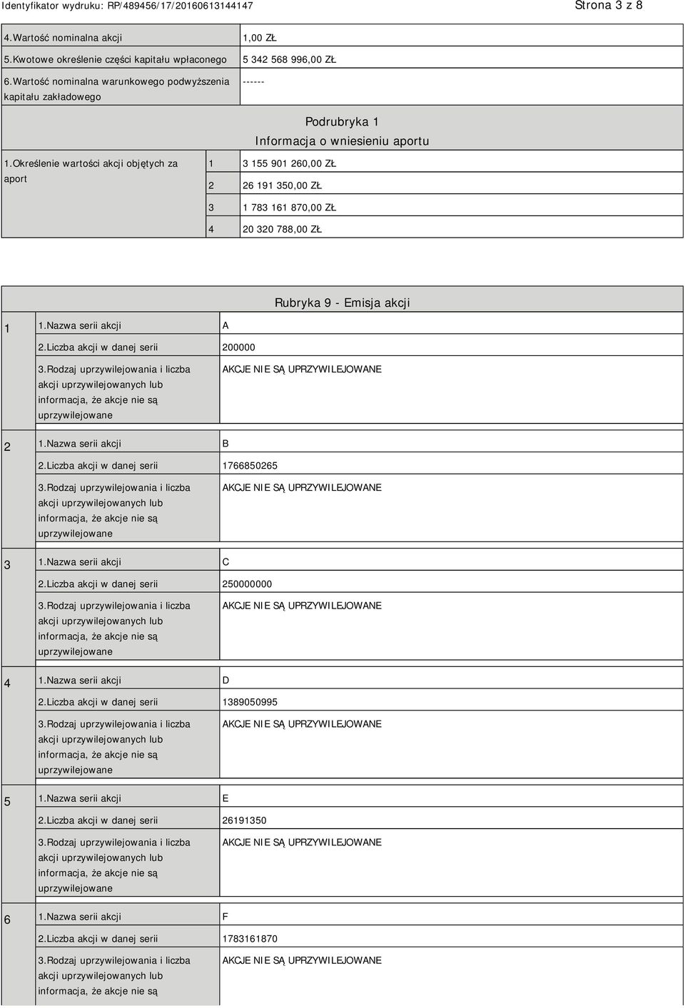 Określenie wartości akcji objętych za aport 1 3 155 901 260,00 ZŁ 2 26 191 350,00 ZŁ 3 1 783 161 870,00 ZŁ 4 20 320 788,00 ZŁ 1 1.Nazwa serii akcji A 2.